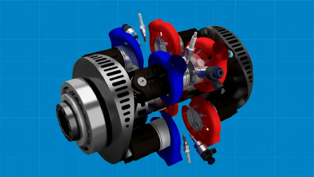 Az Innengine e-Rex felépítése. Látszanak a motor két végén forgó hullámos tárcsák, a szívócsövek, a gyújtógyertyák és a kipufogók is. A működés résvezérlésű, az egyik dugattyúsor négy dugattyúja a szívást, a másik négy a kipufogást működteti. A kialakításból adódóan minden hengerben főtengely-fordulatonként kétszer van égés, hengerfej pedig nincs