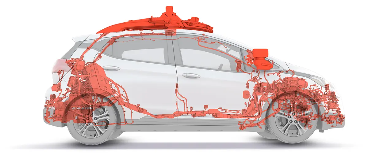 A Criuse robot-taxik érzékelői, elektronikái, és az őket összekapcsoló hálózat. Ezek a kocsik valójában, bár teljesen önállóan közlekednek, csak 4. szintűek az önvezetésben, mert kizárólag egy-egy jól behatárolt területen belül közlekednek