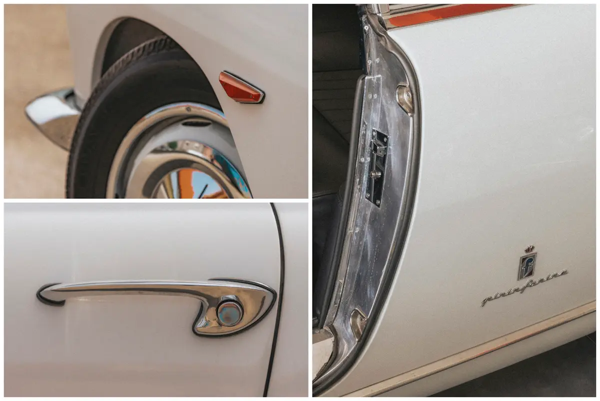 Pininfarina logó és felirat a lemezen, az ajtónál a belső burkolat rozsdamentes acél