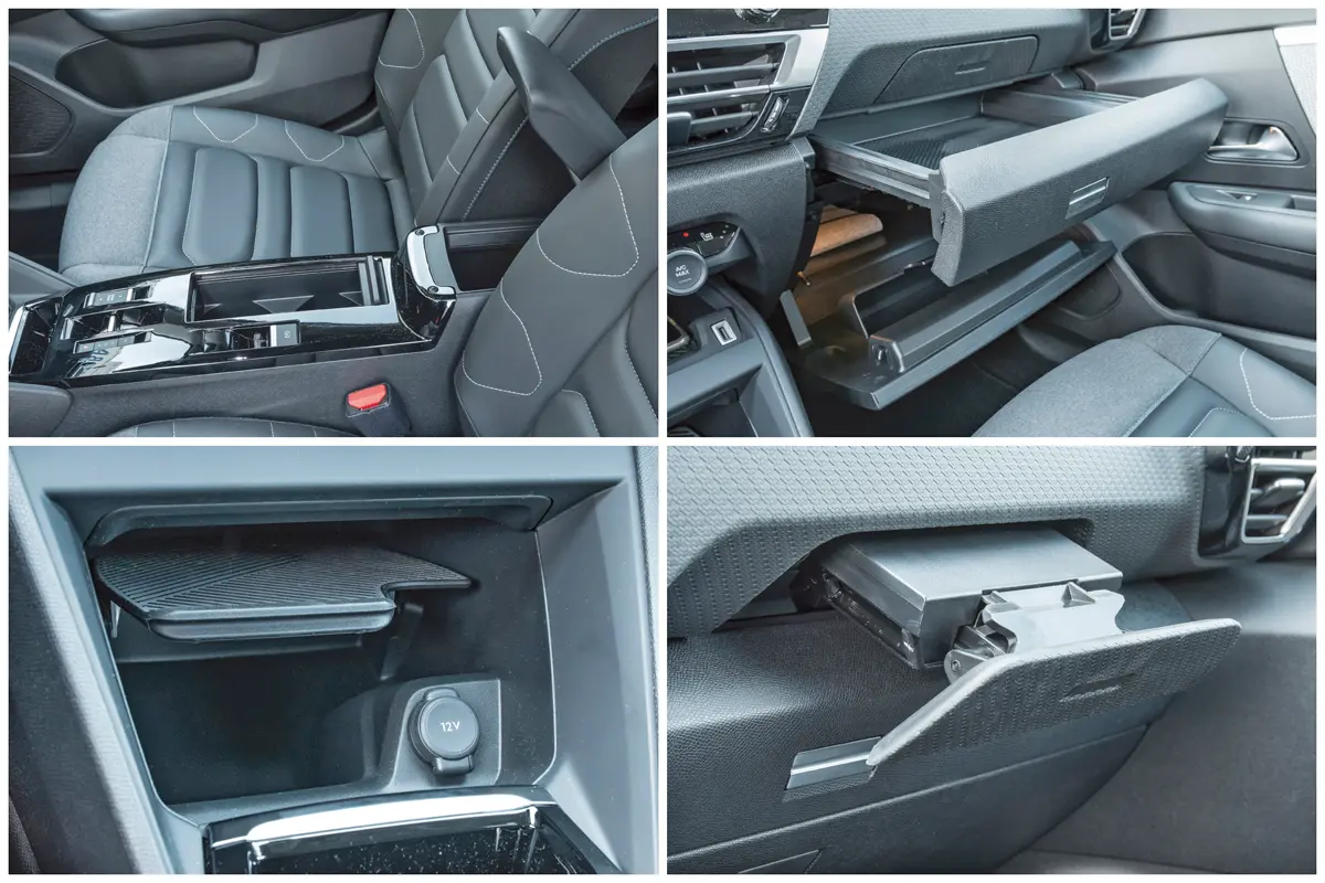 Sokféle tárolóba pakolhatunk, a kesztyűtartó feletti fiók és a tablettartó csipesz a Citroën hasznos találmánya
