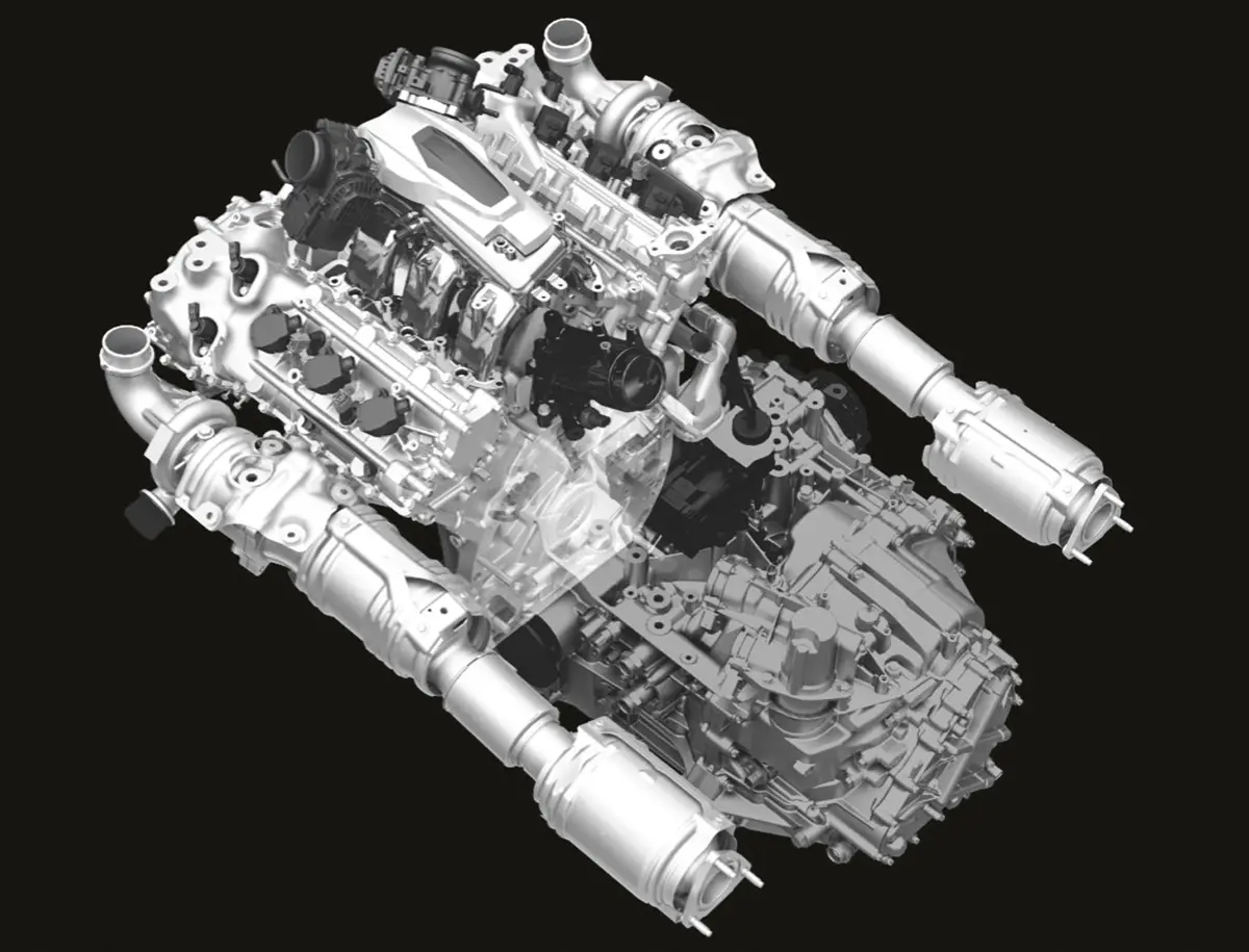75 fok a kettős befecskendezésű duplaturbós, 506 LE-s V6-os hengerszöge. Három vízhűtő temperálja
