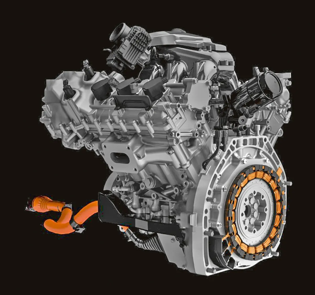 A 47 LE-s hátsó villanymotor közvetlenül a benzines főtengelyére kapaszkodik