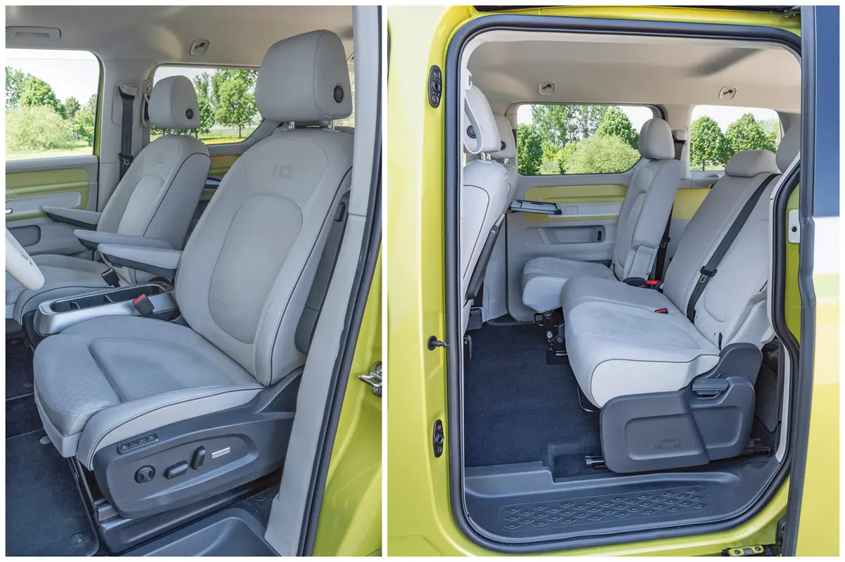 Elöl nagyon kényelmes a Volkswagen ID.BUZZ, de a második sorban sincs ok különösebb panaszra. A padló sík, az ülések között vékonyabb alkattal könnyen át lehet járni