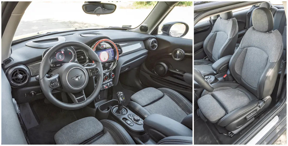 Belül is hangulatos a Mini Cooper, a műbőr/szövet kárpit világos színben is elérhető, az anyag kellemes