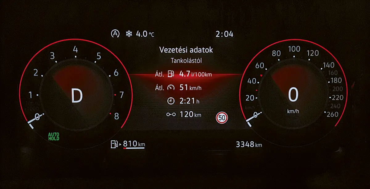 Országúton 4,7 l-es vegyes fogyasztást és összesen 930 km-es hatótávot jelzett a fedélzeti számítógép (felül). Az infotainment működésében még akadnak döccenők, a navigáció többször is lefagyott