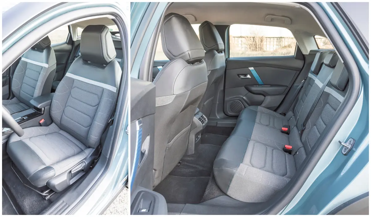 Puha üléseivel a régi francia autókra emlékeztet a Citroën ë-C4. USB töltőkből jutott a második sorba, ahogy szellőzőkből is