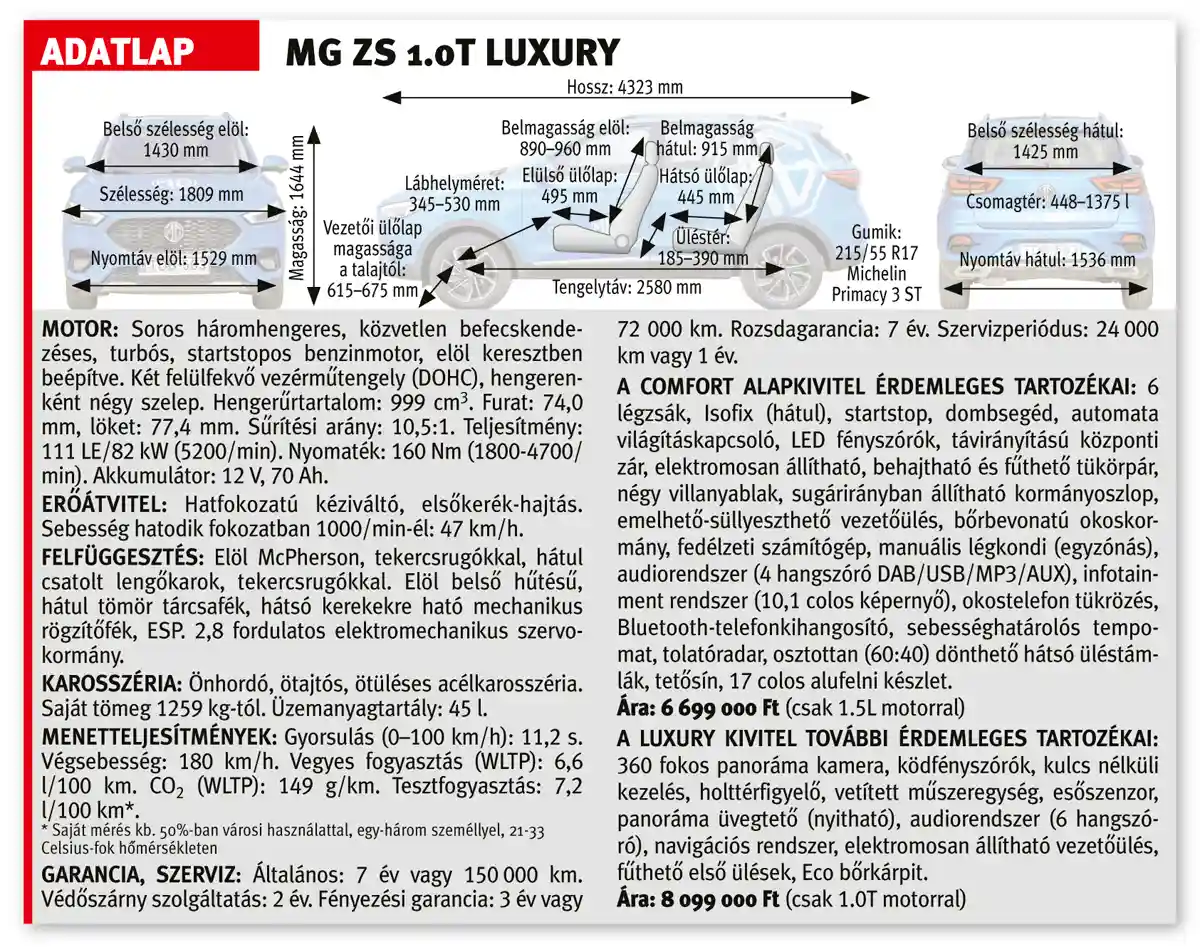 Adatlap: MG ZS 1.0T LUXURY