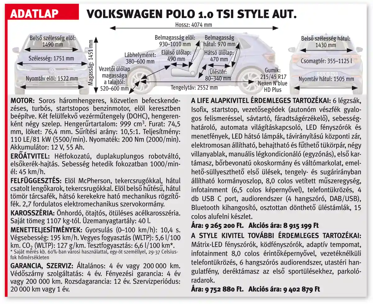 A Volkswagen Polo 1.0 TSI Style aut. adatlapja