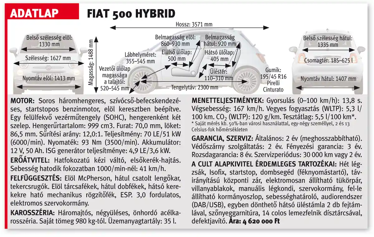 A Fiat 500 Hybrid adatlapja
