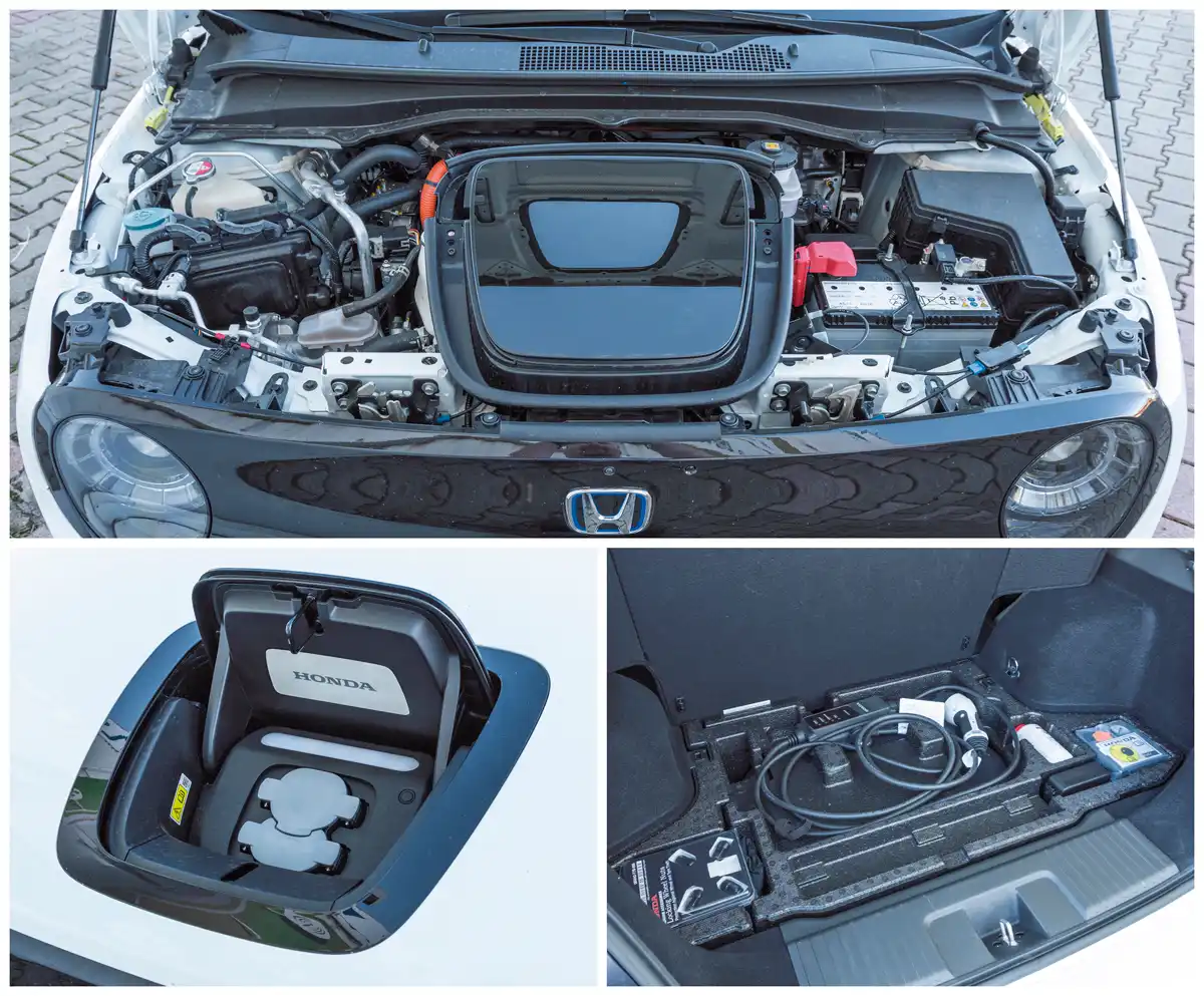 Hátul van a motor, ide előre segédberendezéseket tettek és itt van a Type 2-es, valamint a CCS gyorstöltő aljzat. A töltőkábel elfér az álpadló alatti rekeszben