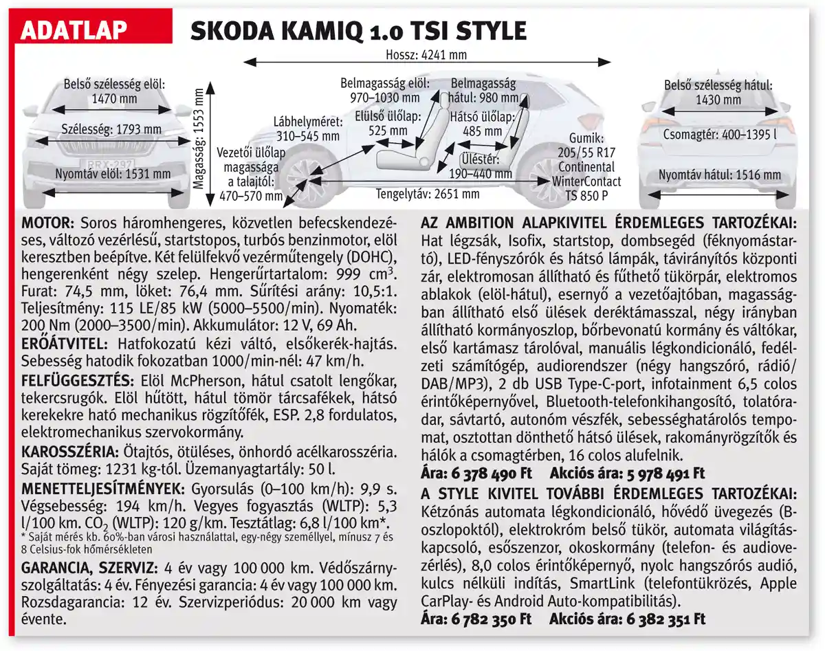 A Skoda Kamiq 1.0 TSI Style adatlapja