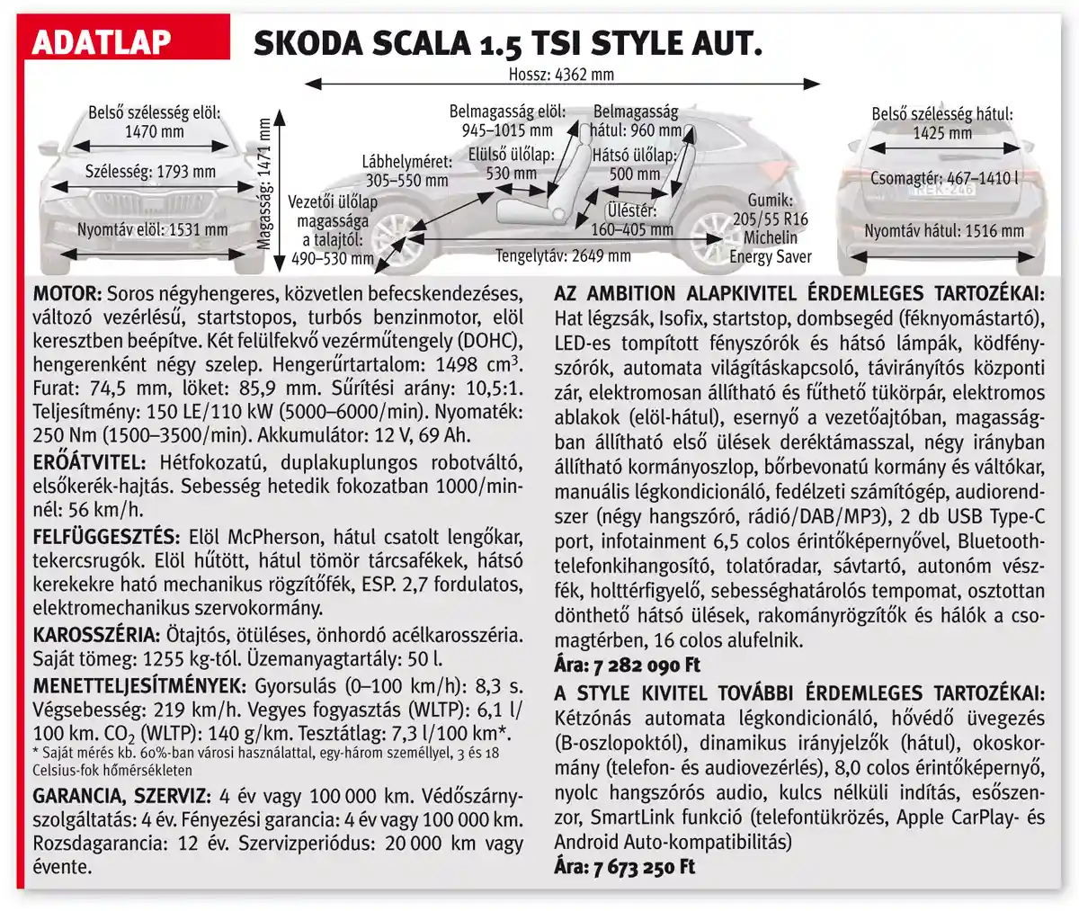 A Skoda Scala 1.5 TSI Style aut. adatlapja