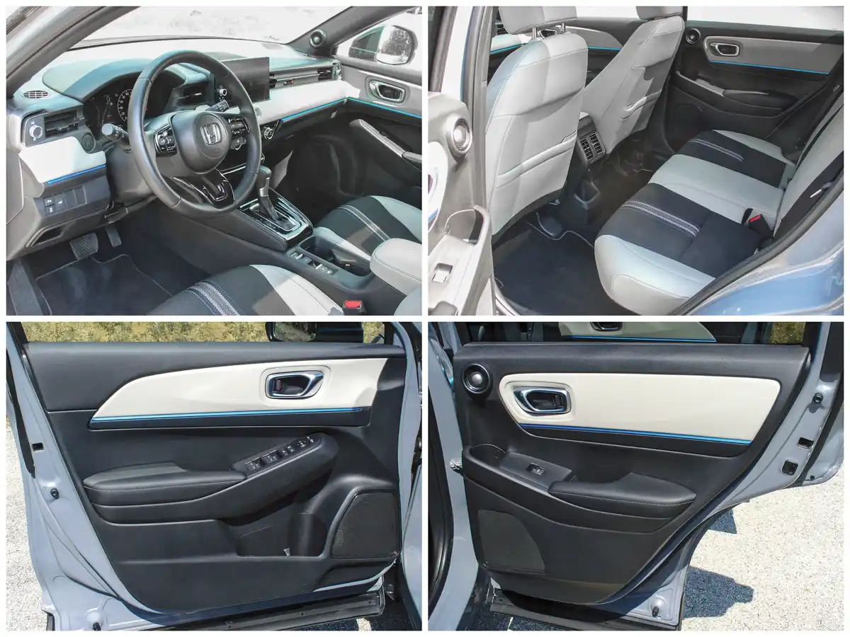 9,0 colos a középső érintőképernyő, a légkondi tekerői alatt új a középkonzol. A Honda HR-V Style Plus kék díszcsíkokat kap az ajtókra és csak ebben világosszürke az ajtó- és üléskárpit