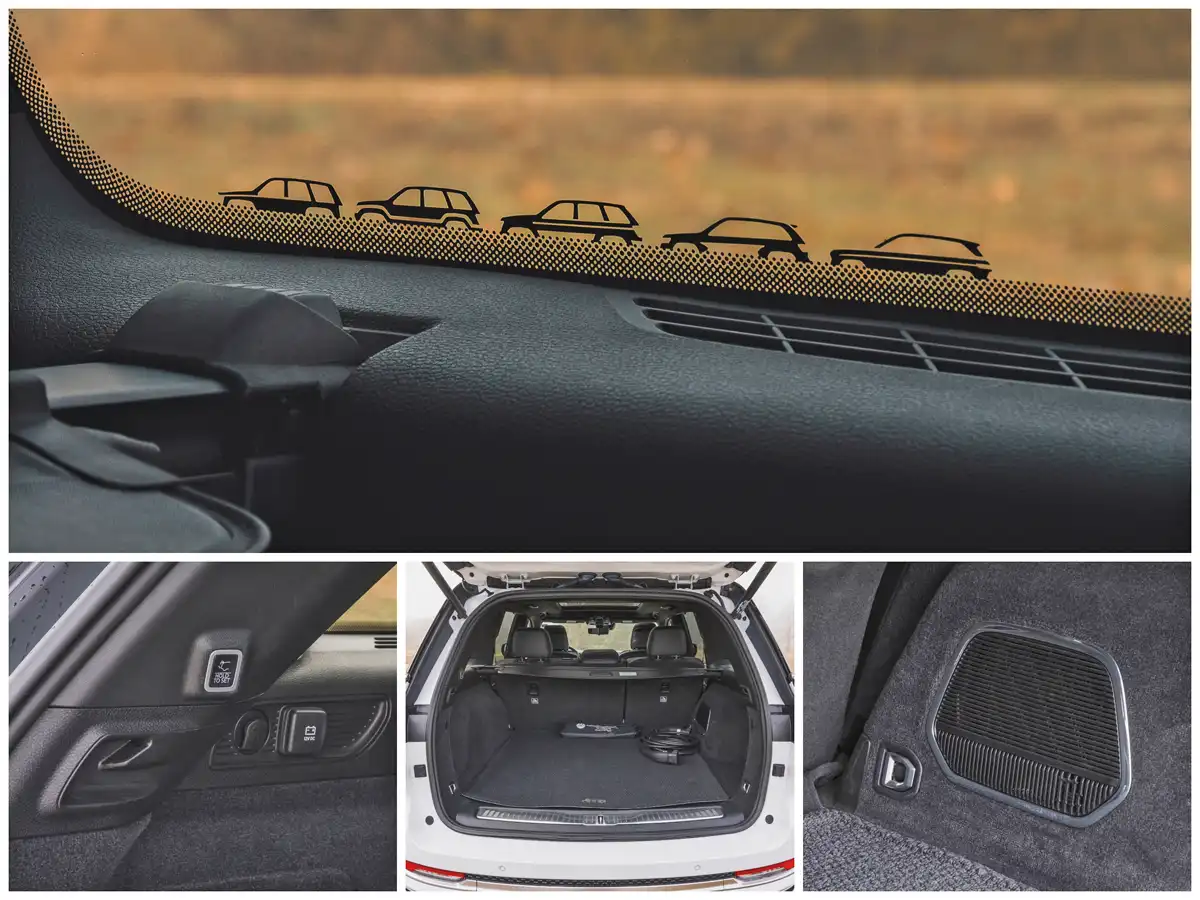 Mini történelmi áttekintés a hátsó oldalüvegen korábbi Grand Cherokee generációk sziluettjével – ez jópofa. Rabol némi helyet a csomagtartóból a hifi mélynyomója (jobbról), az ajtót működtető kapcsolót a belső oszlopra tették