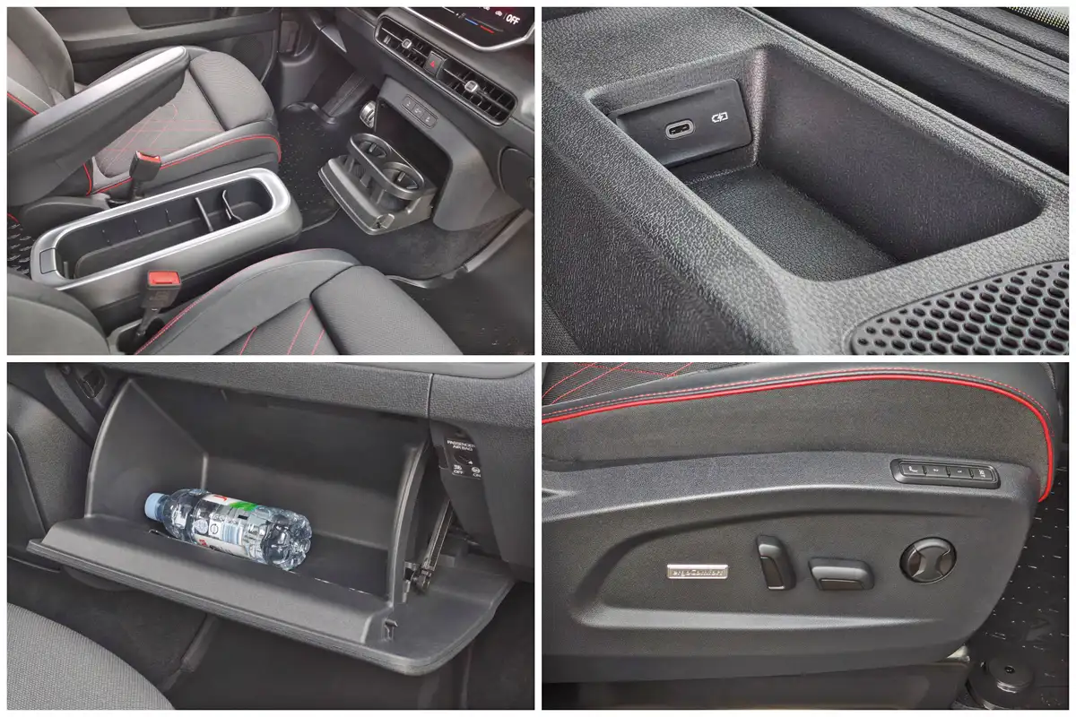 Rengeteg a kacattartó, USB töltőből a harmadik sorba is jutott. Az első utas ülése is memóriás, masszíroz és elektromosan állítható