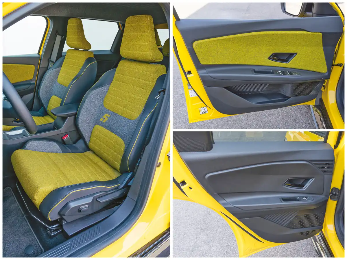 Kényelmesek és látványra is lenyűgözőek a Renault 5 E-Tech első ülései. A hátsó ajtón nincs textil, sem zseb, érthetetlen ez a spórolás