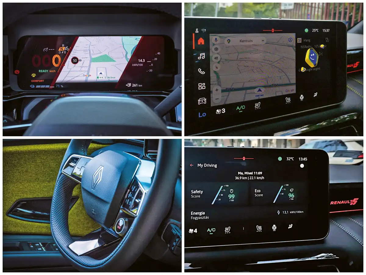 Jobbra felül: ő Reno, a személyi asszisztens – a kék-sárga figura a Renault logójára hasonlít. A My Driving funkció segít a biztonságos és energiatakarékos vezetésben, amihez tippeket ad és százas skálán pontoz is