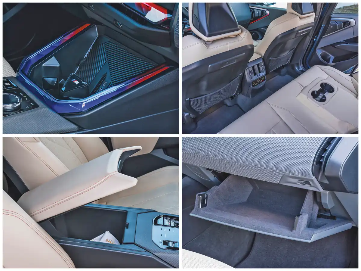 Sokféle tárolóba lehet szórni a személyes holmikat. Az indukciós telefontöltőt alapáron adja a BMW, az USB portok az újabb C típusúak